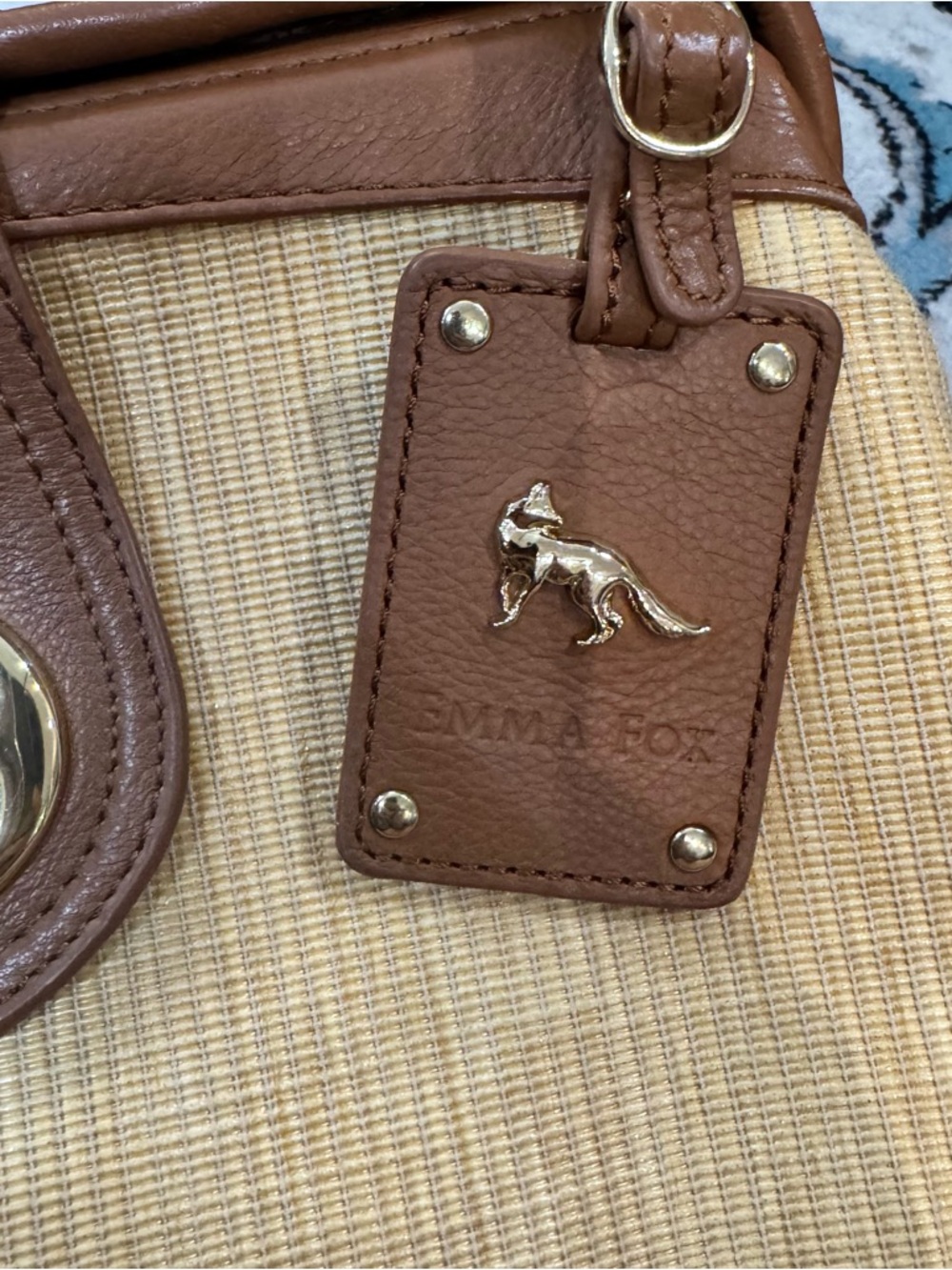 Emma Fox Straw Satchel with Tan Leather Trim and Gold Hardware - Picture 3 of 5